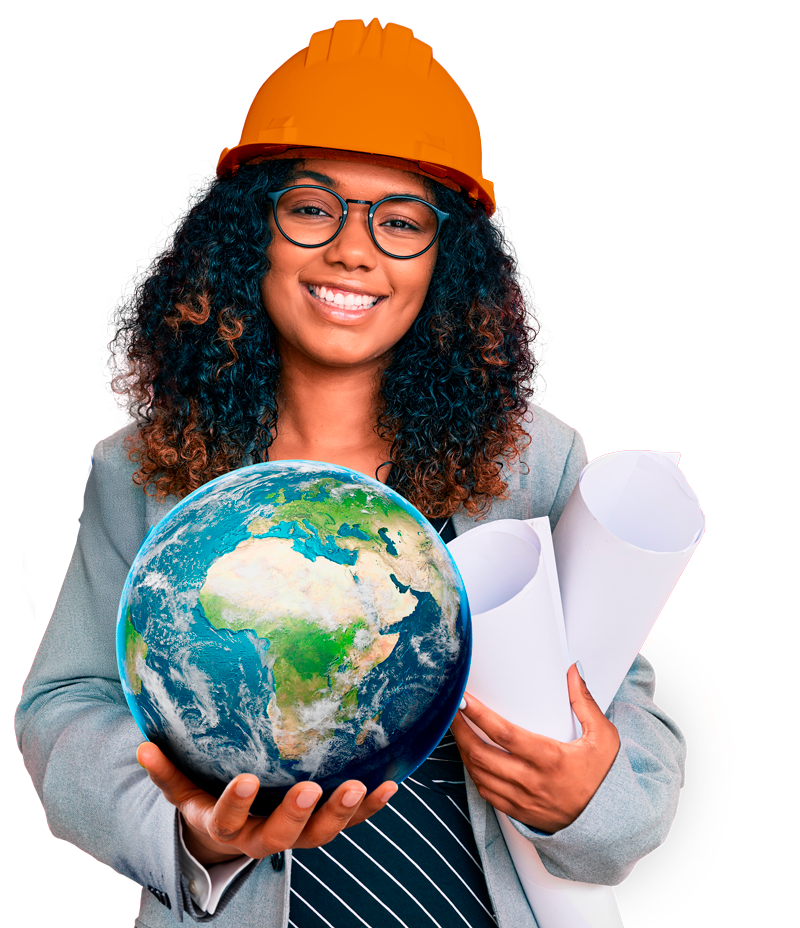 Estudante de Engenharia com capacete segurando o globo
